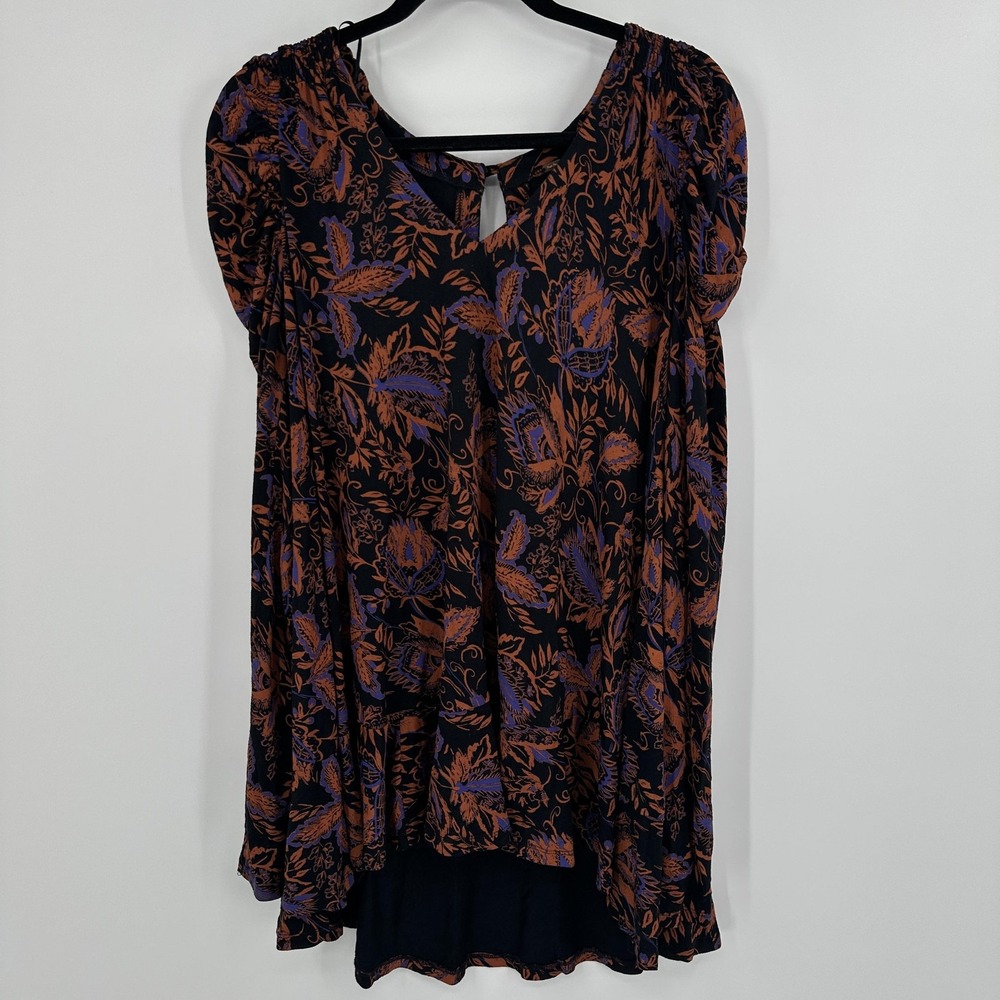 Free People Dress Womens Small Black Brown Floral Boho Long Sleeve Keyhole Flowy